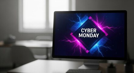 Cyber Monday announcement displayed on modern desktop computer, visible in workspace. Cyber Monday commercial advertisement features neon design, lightning effects, on dark background.