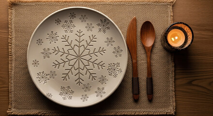 Festive table setting, overhead flat lay, rustic warm tones. Ceramic plate with snowflake pattern on burlap placemat. Wooden utensils and small candle holder beside the plate. 