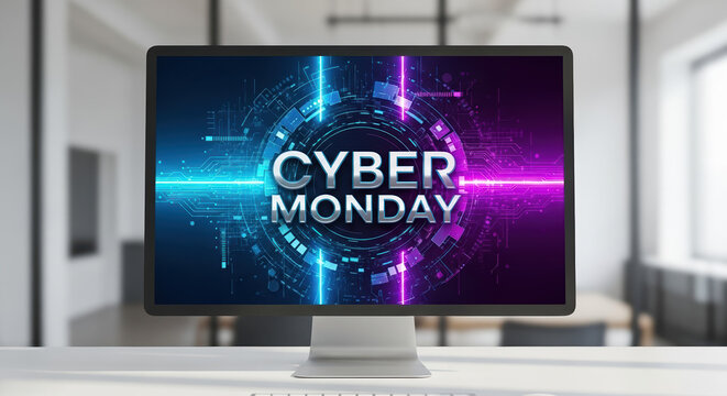 Cyber Monday deal on computer screen with a special offer for online shoppers looking for tech deals. Cyber Monday presents eye-catching display, marking significant sales event. - Powered by Adobe