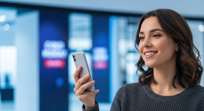 Cyber Monday sale offers exciting shopping opportunities for deals on mobile devices, smiling woman with smartphone enjoys Cyber Monday discounts. - Powered by Adobe