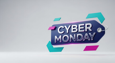 Cyber Monday label featuring 3D text and geometric shapes on soft studio background. Cyber Monday advertisement promotes post-Thanksgiving sale and holiday deals.