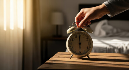 Daylight Saving Time change adjustment made to alarm clock in bedroom on sunny morning. Daylight Saving Time change requires adjusting time settings on analogue clocks.