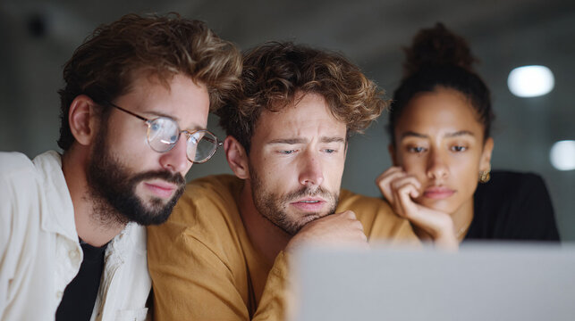 Three diverse colleagues intently focused on a screen. Teamwork, concentration, and problemsolving are visually communicated. Suitable for tech, business, and education contexts. - Powered by Adobe