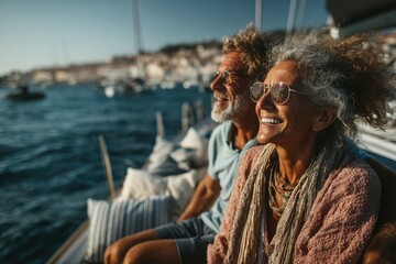Smiling middle-aged couple enjoying a sunny day on the deck of their luxury yacht together at sea