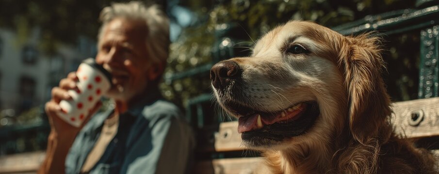 Middle-aged man sits on park bench with golden retriever, enjoying coffee and a peaceful moment