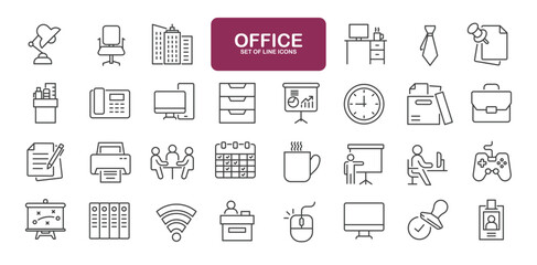 Set of line icons related to office, workplace, workspace. Outline icons collection