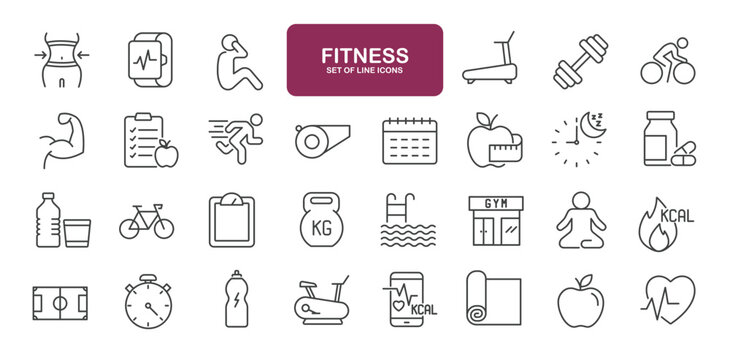 Set of line icons related to fitness, gym, wellness. Outline icons collection