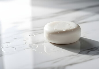 A round white solid shampoo bar on a marbled surface with water droplets