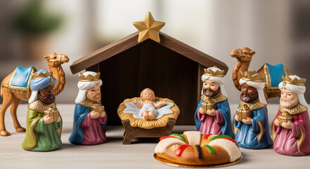 Día de los Reyes displayed in miniature nativity scene with three kings figures and Roscón de Reyes. Día de los Reyes tradition shown through vibrant figures, the scene depicts kings presenting gifts,