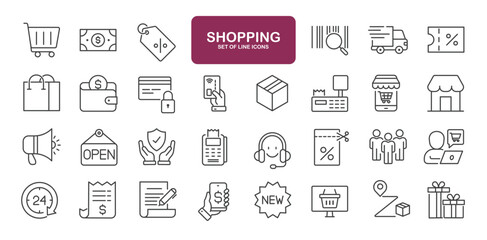 Set of line icons related to online shopping, e-commerce, shop, store. Outline icons collection
