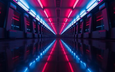 Fototapeta premium Futuristic Tunnel with Neon Lights and Reflective Floor Offering a Sense of Depth and Technological Advancement