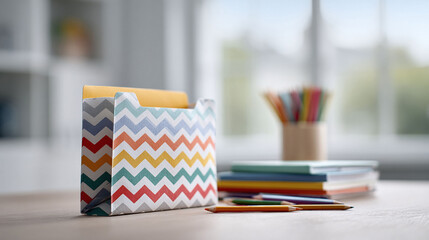 Organized desktop scene with patterned file holder, colorful pencils and notebooks. Education, creative work, and organization concepts. Bright, cheerful, and useful.