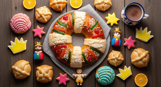 D&iacute;a de los Reyes celebration with traditional Rosca de Reyes, sweet bread decorated with candied fruit, on wooden table. D&iacute;a de los Reyes cake and pastries invite sharing,