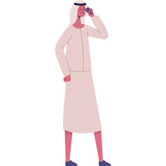 Flat Illustration of a Man Wearing Traditional White Kandura and Ghutra Standing and Talking on a Cell Phone with a Transparent Background