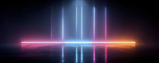 Neon glow creates futuristic stage with vertical light bars and reflective floor