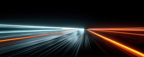 Futuristic neon light trails across a dark highway create a dynamic sense of speed and motion