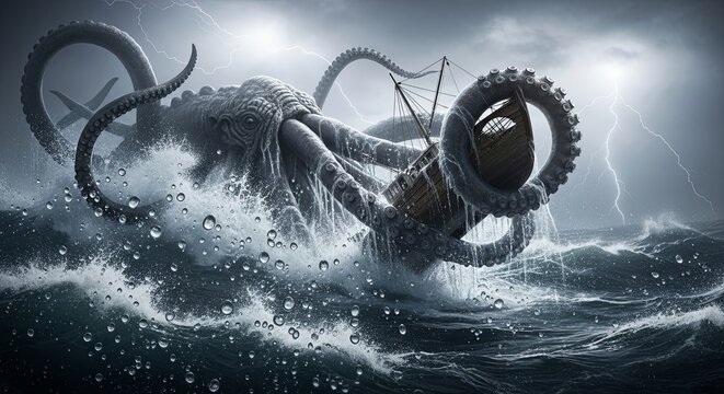 Kraken attacking ship in stormy sea, mythical sea monster.