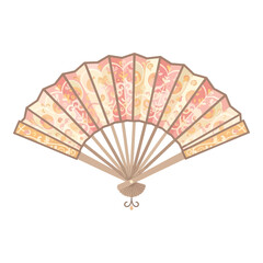 A decorative fan is open showing its patterned paper and wooden supports.