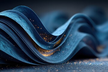 Blue paper ribbon flows like a wave, creating abstract curves and a shimmering texture