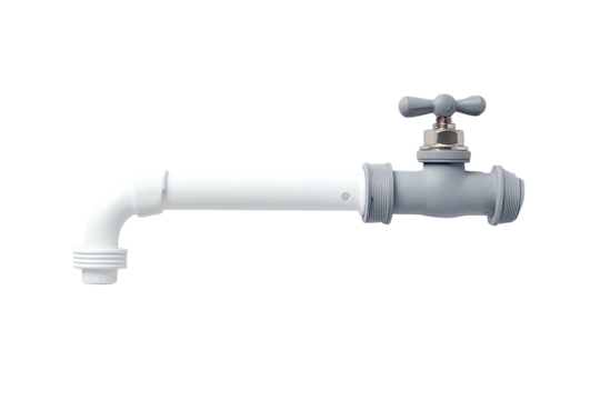 Plumbing Tap fixture, white plastic pipe, gray valve on black ground
