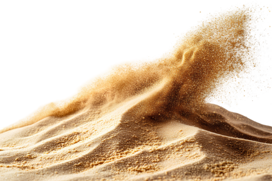 Desert sand dunes with blowing wind sand grains movement isolated on transparent background