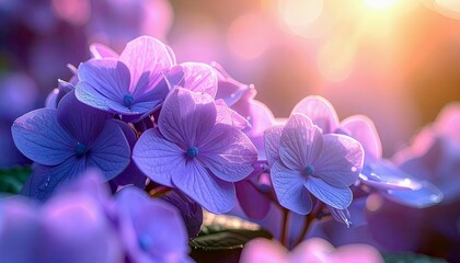 A macro shot of vibrant purple hydrangea flowers with soft, diffused sunlight illuminating their petals and creating a dreamy bokeh background.