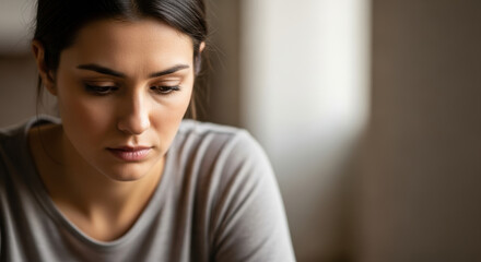 Fototapeta premium Depicting elimination of violence: somber woman showcasing elimination of violence against women, domestic abuse, emotional pain and psychological trauma.