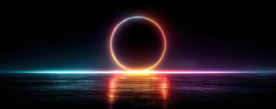 Vibrant neon ring rising from the sea with a glowing horizon and colorful reflections - Powered by Adobe