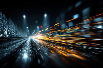 Dynamic and futuristic city street at night with blue and orange neon lights