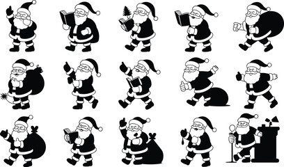Fototapeta premium Santa, Claus, cartoon, character, Christmas, holiday, festive, silhouette, icon, vector, illustration, gift, joy, winter, celebration, pose, action, design, CAD, drawing, flat