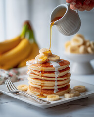 A fictional stack of fluffy pancakes, drizzled with golden maple syrup and topped with banana slices on the side. A hand is pouring more syrup from a white jar onto the top of the pancakes.