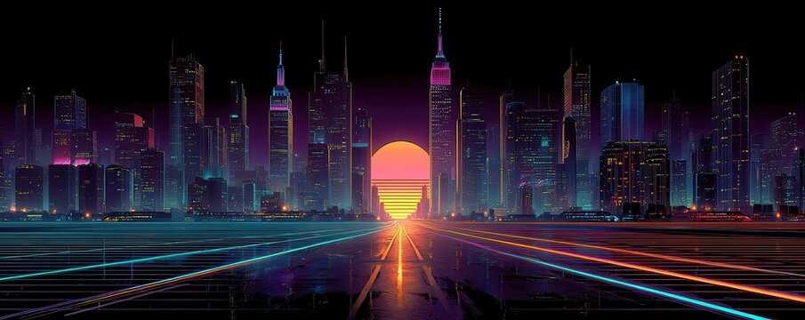 Futuristic city skyline at night with glowing neon lights and sunset