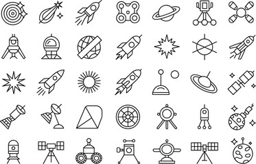 Space, icons, astronomy, rocket, planet, satellite, probe, star, sun, telescope, orbit, galaxy, science, exploration, silhouette, vector, illustration, CAD, drawing, flat