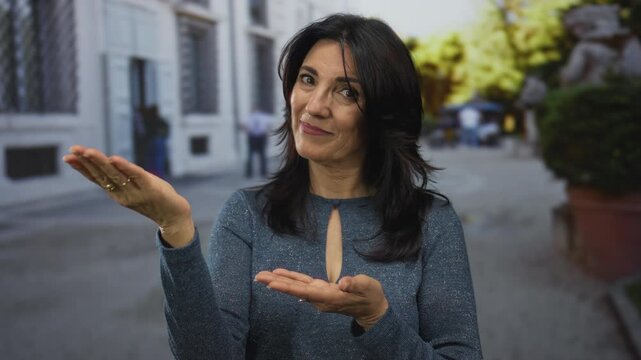 Woman with raised eyebrows gestures with open palms on busy street corner under sunlight; openness.