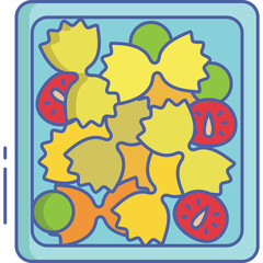 Flat Illustration of a Blue Container Filled with Bowtie Pasta Slices and Cherry Tomatoes in a Top Down View