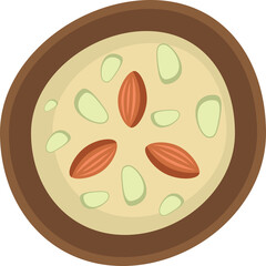 Flat illustration of a bowl of oatmeal topped with almonds and pistachios against a transparent background high angle view