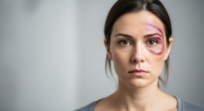 Close up portrait capturing elimination of violence against women, showing face of victim with severe bruises. The elimination of violence encompasses not only physical harm,