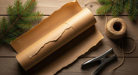 Christmas gift wrapping station, rustic brown paper, overhead view. Kraft paper roll with cut edges on wooden surface. Pine branches, twine, and hole punch positioned nearby. 