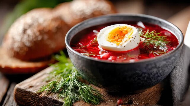 Warm bowl of beetroot soup topped with a halved boiled egg, served with fresh dill and rustic bread