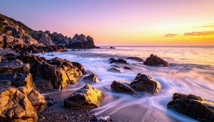 A picturesque coastal landscape featuring a rocky shoreline with waves crashing against stones under a colorful sunset sky.