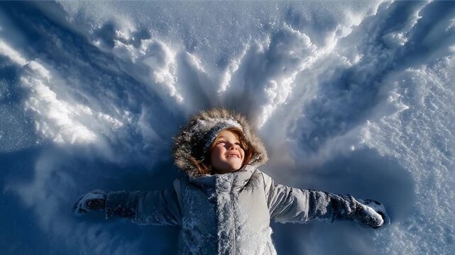 A joyful child creates snow angels in a winter wonderland, cherishing the enchanting beauty of freshly fallen snow while surrounded by a serene and magical snowy landscape.