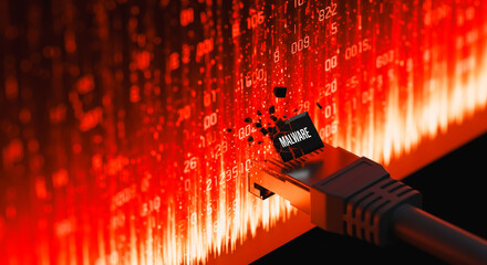 Intriguing visual featuring a network cable plugged into a digital interface, with binary code cascading in the background, a striking depiction of data security and network connection.