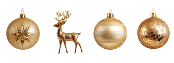 Golden ornamental spheres and a deer figurine for decorative holiday displays on transparent background