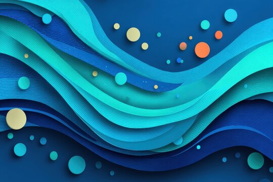 Blue abstract art with flowing waves and colorful circles for modern design backdrop