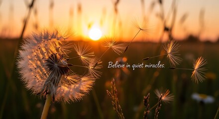 Dandelion seed head with sunset background and inspirational message.