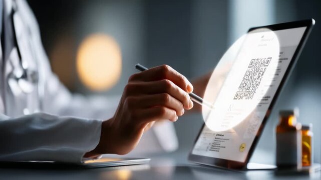 A Professional Medical Practitioner Utilizing Advanced Technology to Interact with Digital Health Records on a Tablet, Focusing on a QR Code for Efficient Patient Information Management
