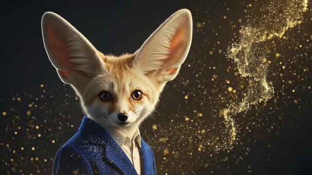 Cinematic portrait of an elegant anthropomorphic fennec fox in a blue suit on a background with golden particles
