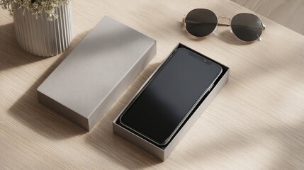 new modern smartphone in the box on table
