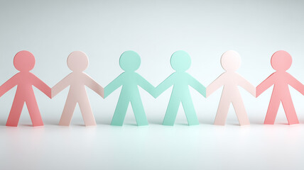 A chain of stylized human figures holding hands symbolizing unity in community, illustrating teamwork, inclusion and diversity as people support one another in a connected social network.
