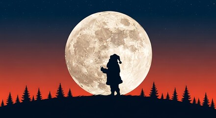 Silhouette of a child against a giant moon and trees.